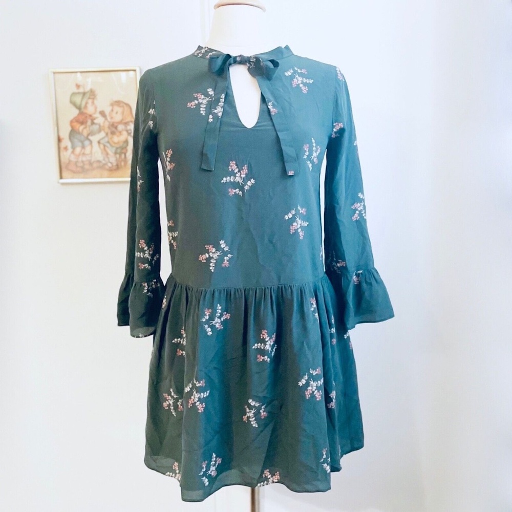 Madewell Green 3/4 Sleeve Shift Silk Dress XS Extra Small Floral Tie-Front